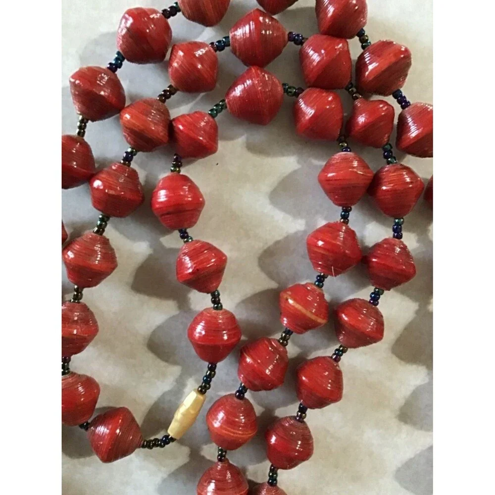Handmade Red Paper Bead Necklace 36” Long Sustainable Eco-Friendly Boho Jewelry